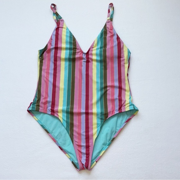 Gibson Latimer Multicolor Rainbow and gold striped One-Piece Swimsuit size Large - Picture 7 of 8
